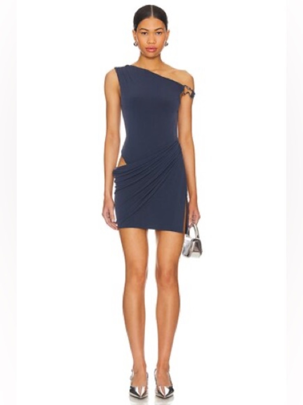 NBD One-Shoulder Navy Ruched Mini Dress